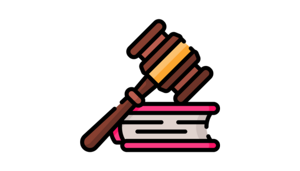 Illustrated gavel sitting on a book.