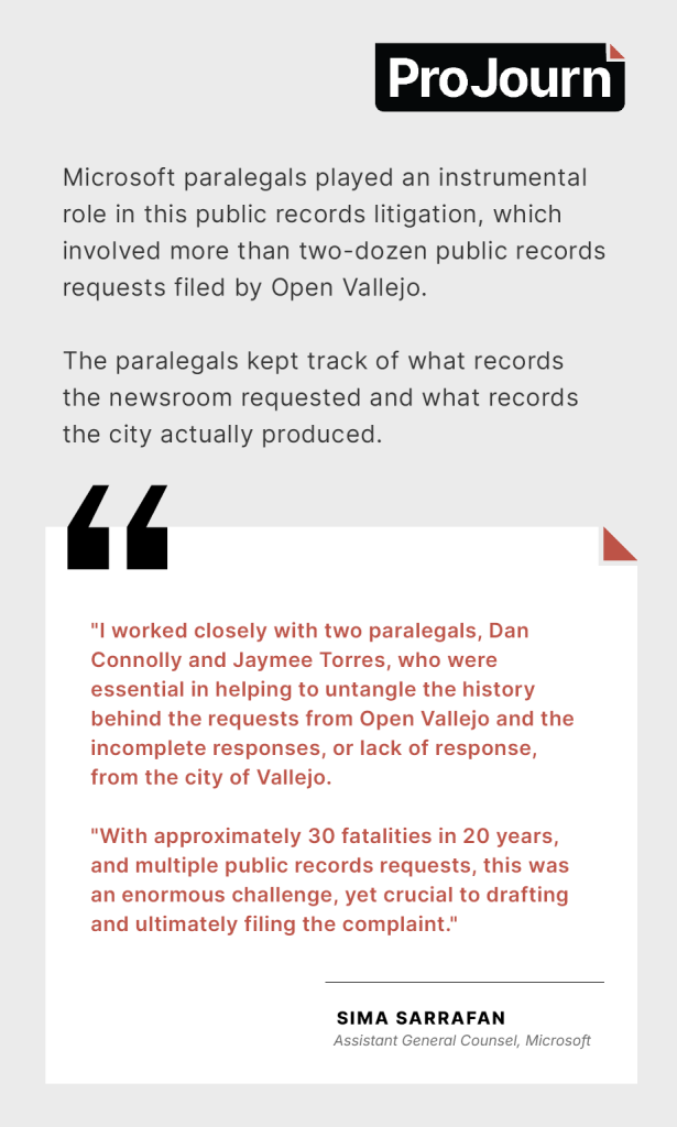 Microsoft paralegals played an instrumental role in this public records litigation, which involved more than two-dozen public records requests filed by Open Vallejo. The paralegals kept track of what records the newsroom requested and what records the city actually produced. “I worked closely with two paralegals, Dan Connolly and Jaymee Torres, who were essential in helping to untangle the history behind the requests from Open Vallejo and the incomplete responses, or lack of response, from the city of Vallejo," said Sima Sarrafan, Microsoft’s assistant general counsel. "With approximately 30 fatalities in 20 years, and multiple public records requests, this was an enormous challenge, yet crucial to drafting and ultimately filing the complaint."