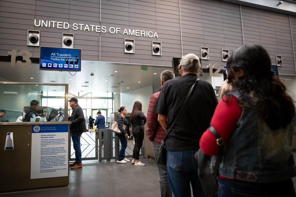 Pedestrians arriving from Mexico wait in line for inspection at the San Ysidro Land Port of Entry in San Diego, California, October 25, 2023. CBP photo by Jerry Glaser.